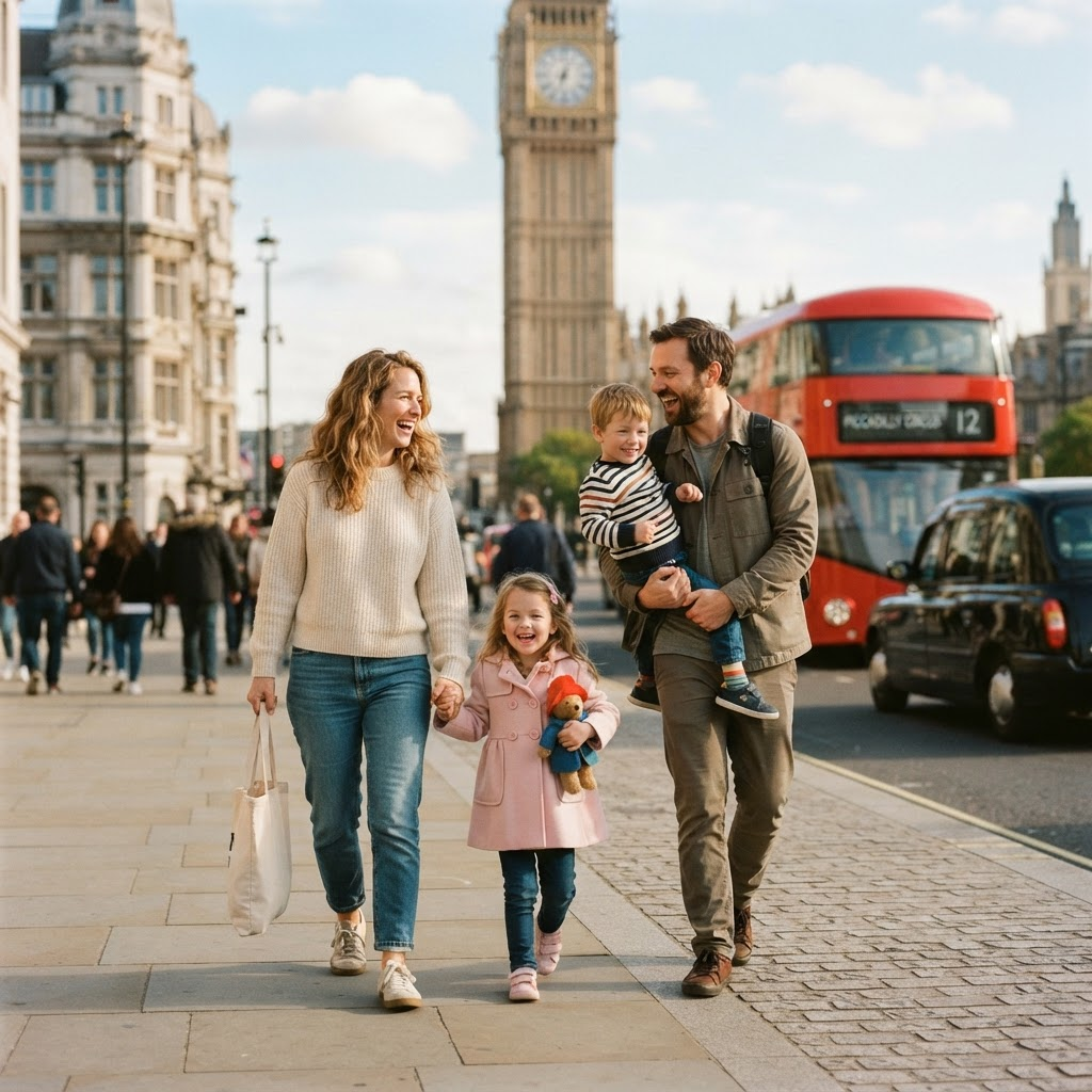 A family with young children exploring London on a sunny day